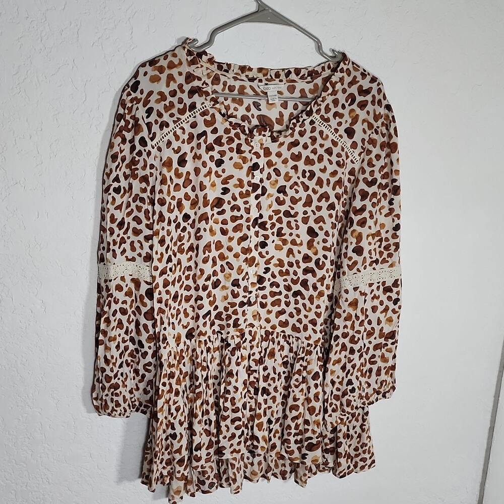 Cato Plus Size Cheetah‎ Print Ruffle Button Lace Soft Flowy Tunic Blouse 22/24W